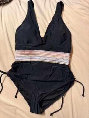 Blooming Jelly Black Swimsuit with Tie Straps adjustable straps on arms